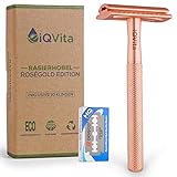 iQVita® Premium Rasierhobel Damen - Rosegold - inkl. 10 Rasierklingen - plastikfreier Rasierer für...