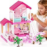 2 Stöckiges Puppenhaus für Mädchen DIY Puppenhaus Spielzeug Haus mit Puppen Figur & Haustier...