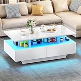 YITAHOME Couchtisch Weiß, Wohnzimmertisch Hochglanz mit 16-Farbiger LED Beleuchtung Modern,...