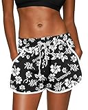 For G and PL Damen Sommer Boardshorts Tropical Mit Bund Und Druck Boardhose Schwarz&Blumen S