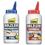 750g UHU Holzleim wasserfest & Holzleim Express Flasche, Universeller und besonders schnell...