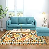 Waschbarer Kurzflor-Teppich, Blaugrün, Gelb, 120 x 150 cm, mehrfarbig, Vintage, Orientteppich,...