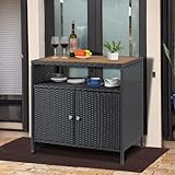 Hapihom Gartenschrank Rattan, Aufbewahrungsschrank mit Doppeltüren, Holz Arbeitsplatte & offenes...