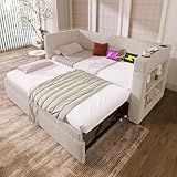EINHOM Schlafsofa Polsterbett 90x200 cm, Tagesbett Einzelbett mit Ausziehbett, Armlehnen mit USB- &...
