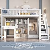 FEZTOY Kinderbett Hochbett mit Schreibtisch, Treppe und Kleiderschrank, Etagenbett Einzelbett mit...