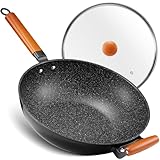 BEZIA Induktions Wok Pfanne mit Deckel, Antihaft-Wokpfanne 33 cm, Wok zum Braten mit Holzgriff,...