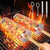 Yesay Set aus Rollender Grillkorb mit abnehmbaren Holzgriffen und zylindrischem Grillkorb aus...