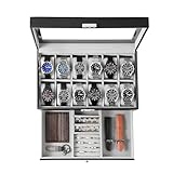 KILHS Uhrenbox für 12 Uhren,2-stöckige Watch Box mit Glasdeckel & Schublade,Uhrenbox Herren mit...