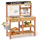 ROBUD Matschküche aus Holz – Outdoor Spielküche mit Zubehör & Maltafel – Rollenspielzeug für...