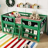 Halbhohes Hochbett Kinderbett 90x200 cm, Kiefernholz Einzelbett mit 4 Schultafel und 4 Regalböden,...