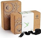 Overmont Yogablöcke Kork 2er Set Yogaklotz - Yoga Block mit Yoga Gurt - Korkblock für Fitness...