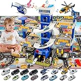 BuzzoXerex 5-stöckige Parkgarage für Kinder, Rennbahn mit 14 Spielzeugautos & 3 Hubschraubern,...