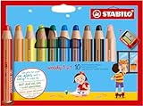 STABILO - Buntstift, Wasserfarbe & Wachsmalkreide - woody 3 in 1-10er Pack mit Spitzer - mit 10...