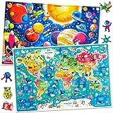 Puzzle ab 4 5 6 Jahre - 2 x 100 Teile Kinder Holz Steckpuzzle für Lernen Weltkarte Weltraum...