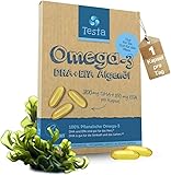 Testa Omega 3 Vegan Algenöl – Hochdosiert 300mg DHA + 150mg EPA pro Kapsel - Nur 1 Kapsel pro Tag...