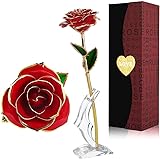 Rose in Rotgold, 24 Karat, vergoldet mit transparentem Ständer und Geschenkbox, elegante...
