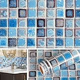 Livelynine 40CMx5M Fliesenaufkleber Bad Wasserfest Mosaikfliesen Selbstklebend Blau Fliesenfolie...