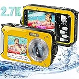 Unterwasserkamera, Unterwasser Kamera Full HD 2.7K 48MP Kamera Wasserdicht mit Zwei Bildschirmen,...