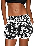 For G and PL Damen Sommer Boardshorts Tropical Mit Bund Und Druck Boardhose Schwarz&Blumen S