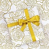 Geschenkpapier, goldenes Rosenmuster in weißem Kunstdruckpapier mit 1 Rolle Goldband, für...