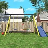 Merax Kinderschaukel Outdoor mit Rutsche, Nestschaukel mit Basketball und Basketballkorb,...
