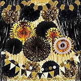 ZERODECO Gold Schwarz Partydekorationen, Papierfächer Pom Poms Girlande String Banner...