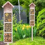 Holz Insektenhotel mit Erdspieß 78 cm - beige - Garten Deko Insektenhaus zum Aufstellen -...