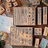 22 Stück Holzstempel Set, Blumen Holz Stempel, Alphabet Stempel mit Stempelkissen, Motivstempel...