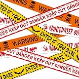 Xanthelle Halloween Deko, 4 Stück Outdoor Horror Deko mit Halloween Absperrband, Caution Tape Rot...