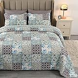 Qucover Blumen Patchwork Tagesdecke Bettüberwurf mit Kissenbezug Leichtes Mikrofaser Steppdecke...