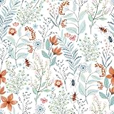 VEELIKE Tapete Blätter Blau Blumentapete Vintage Fototapete Blumen Insekten Klebefolie Muster...
