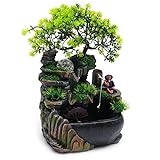 Zen Tischbrunnen mit LED Licht und Wasserfall, Feng Shui Zimmerbrunnen aus Harz mit Steingarten,...