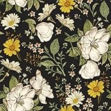 VEELIKE Tapete Blumen Schwarz Tapeten Blätter Gänseblümchen Blumentapete Vintage Schrankpapier...