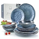SÄNGER | Tafelservice Darwin 12 tlg, Steingut Geschirrset 4 Personen, Teller Set in Blau inkl....