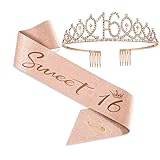 16 Geburtstag Krone Schärpe 16th Birthday Tiara und Foto Requisiten Rose Gold für Mädchen,Strass...