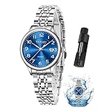 Taxau Frauen Edelstahl Uhr Mode Blaues Zifferblatt Analoge Quarzuhr mit Datum Klassische...