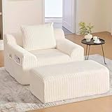 Übergroßer Sofasessel mit Steigbügeln, Lesesessel aus Kordsamt mit Seitentaschen und Kissen,...